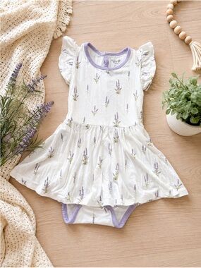 Kyte BABY Lavender Bamboo Ruffle Dress Bodysuit 2T | Spring 2023 Retired Print